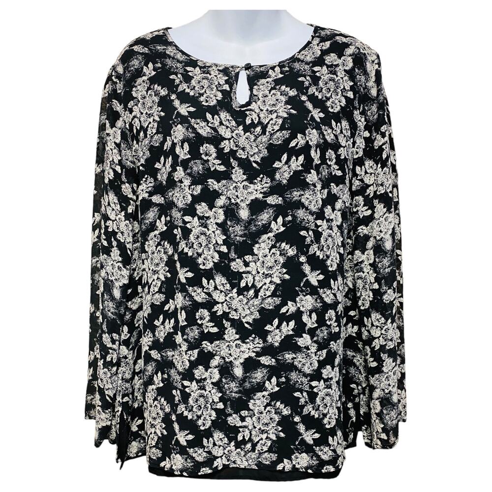 Style & Co 100% Silk Tunic Black White Floral Keyhole Top Size 14 Large L